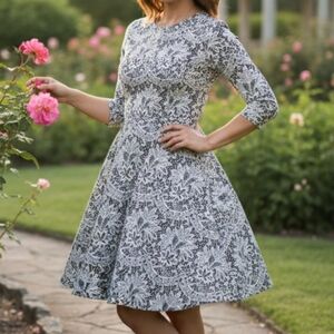 Eliza J A-Line Dress Black White Lace Filigree Stretch Fit And Flare siz…